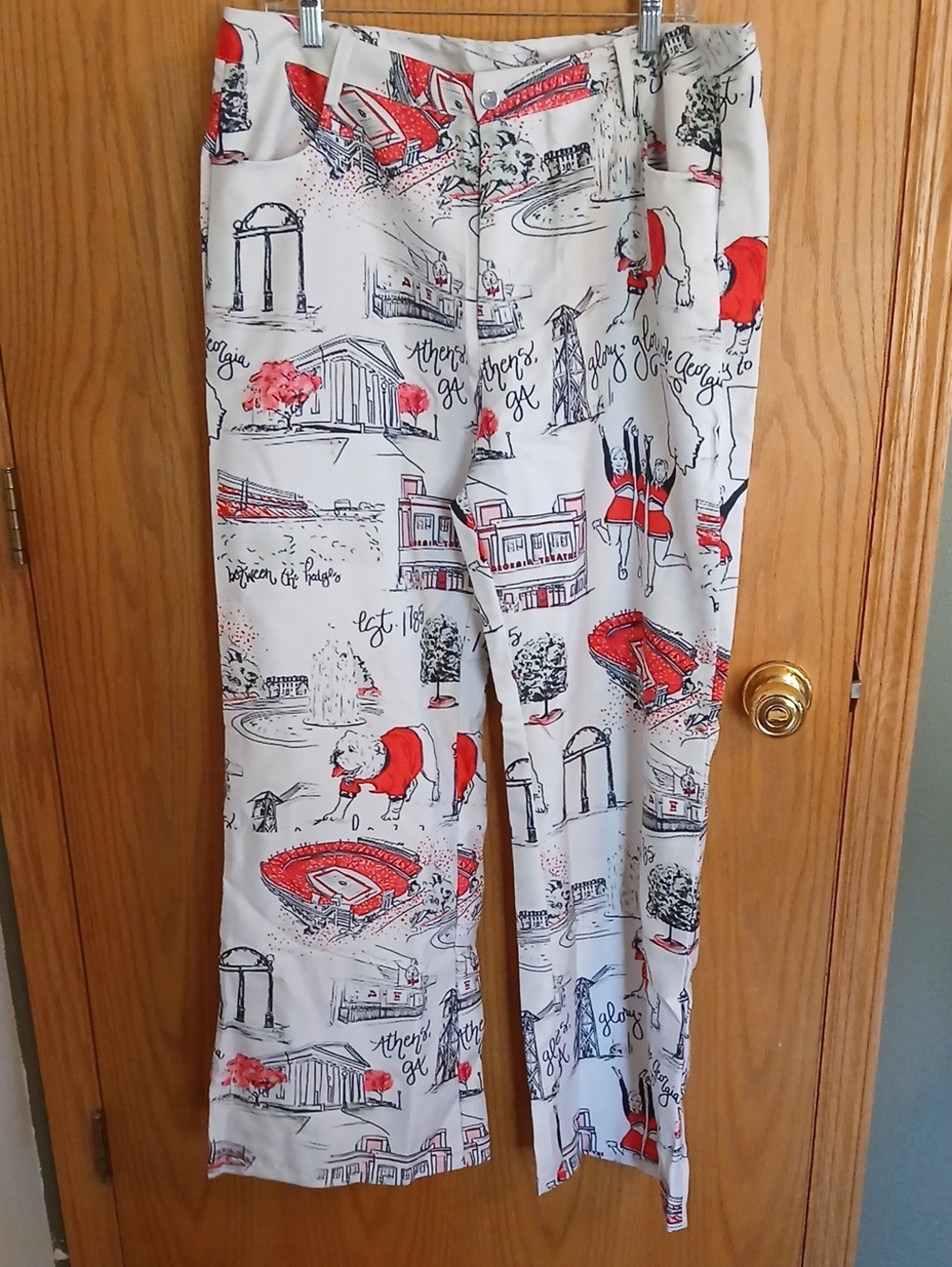 White Novelty Print (Georgia) Straight-Leg Pants with Red & Navy Accents